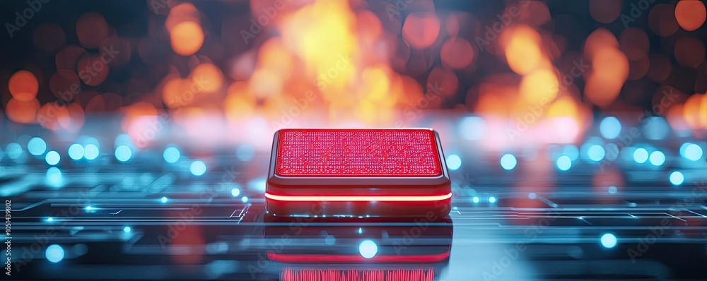 Aufkleber red emergency light on a glowing circuit board with colorful bokeh background.