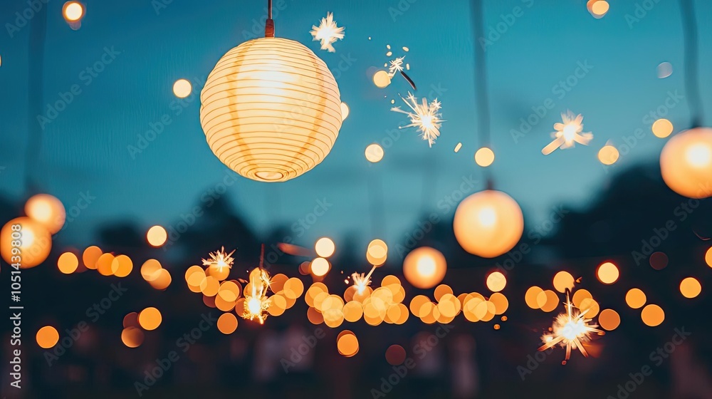 Poster colorful lanterns and twinkling lights create a festive evening atmosphere.