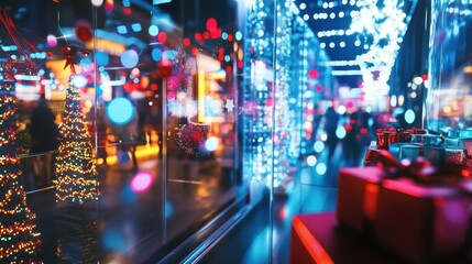 Glowing holiday window captures festive street charm.