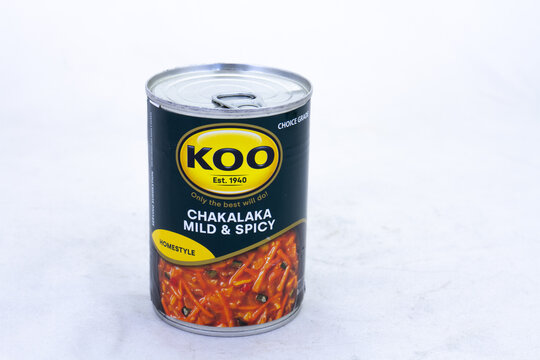 Johannesburg, South Africa - a can of Koo mild and spicy chakalaka isolated on a clear background with copy space