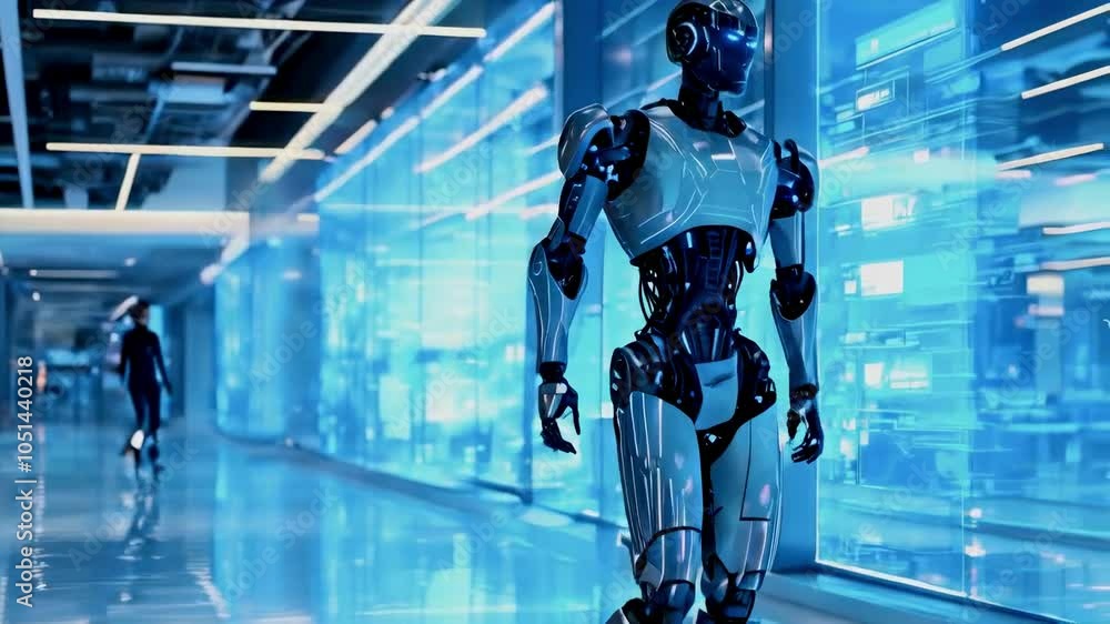Poster futuristic robot walking in a high-tech corridor with digital displays.