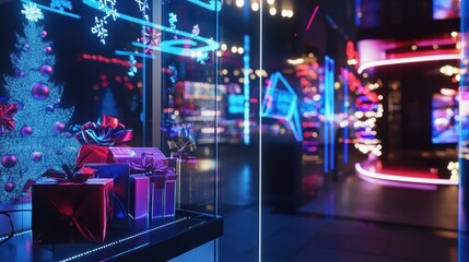 Fototapeta premium Glistening Christmas window with gift-wrapped surprises