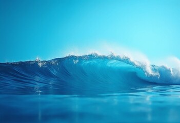 Fototapeta premium A dynamic wave captured in detail, showcasing water texture against a blue gradient background, concept of nature's motion