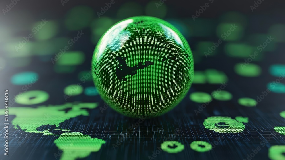 Poster green digital globe with map details, placed on a high-tech digital background.