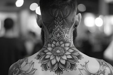 Obraz premium An elaborate neck tattoo of a mandala design extending from the nape to the shoulders