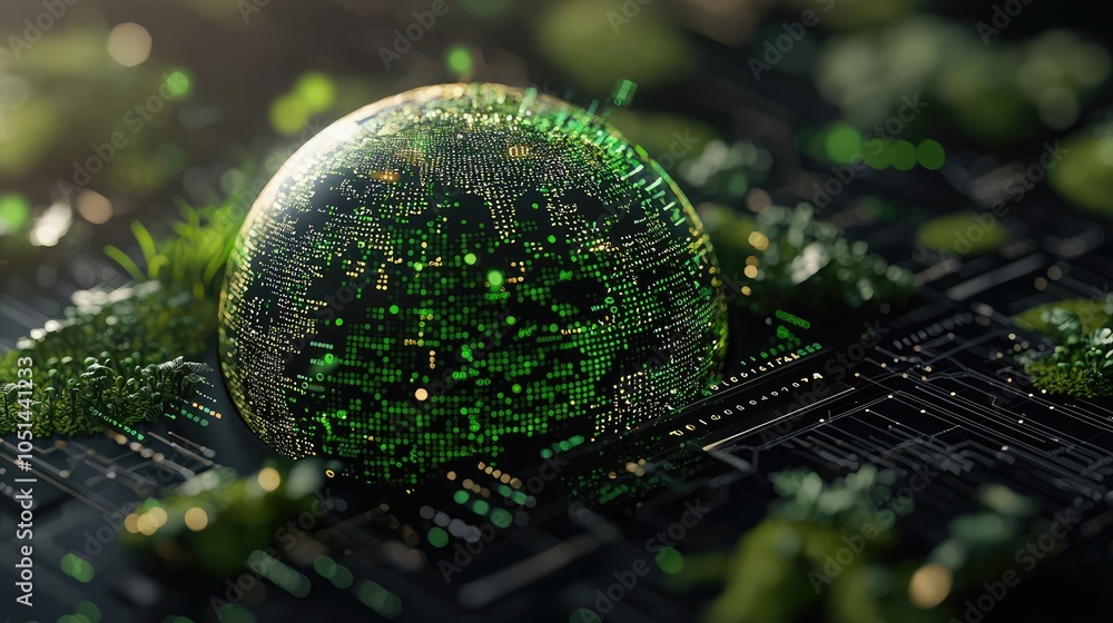 Poster futuristic circuit board with glowing green elements and a translucent sphere.