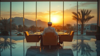 Fototapeta premium A Man in a White Shirt Watches the Sunset from a Restaurant