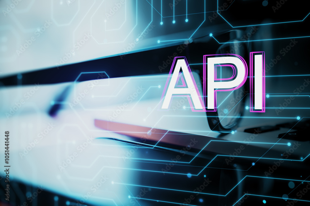 Poster close up of laptop, glasses and cellphone with glowing api hologram on blurry background. internet, 