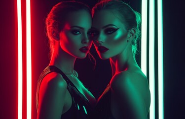 Obraz premium Latex fashion style portrait, two female models in neon lit studio. Latex bodysuit fashion. Goth, New Wave, club style fashion. Dark smokey make-up. Dramatic. Elegant. Futuristic.