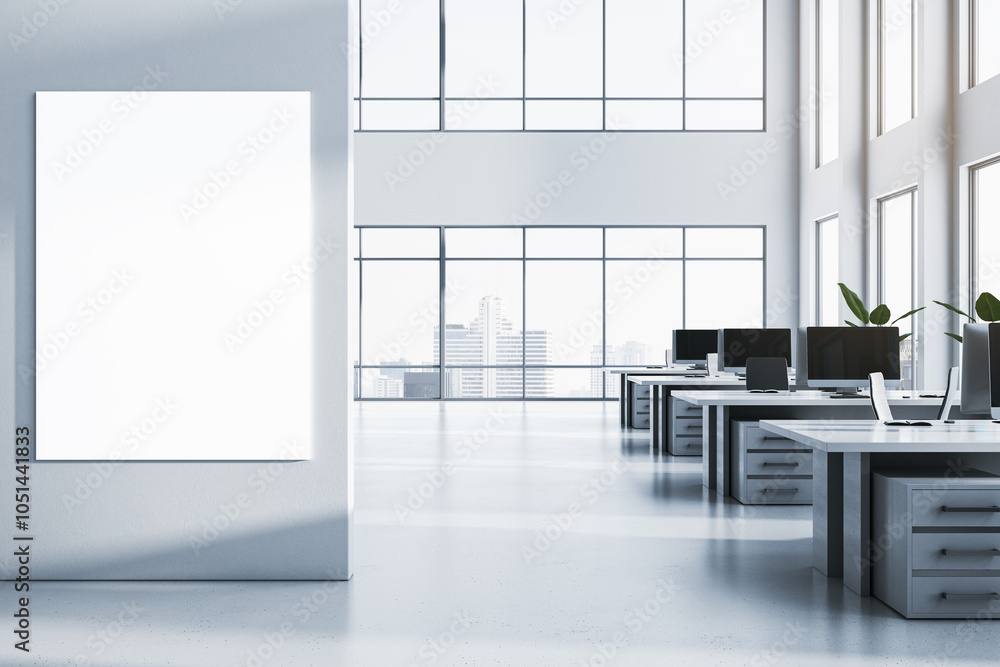 Poster modern spacious coworking office interior with empty mock up banner on wall, panoramic windows, city
