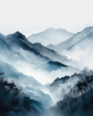 Blue Misty Mountain Landscape with Soft Light and Watercolor Effect. Tranquil Wilderness View in Layers of Fog. Beautiul Mountain Scenery