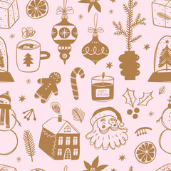 Seamless pattern with Christmas elements. For fabric, wrapping paper and other decoration. 