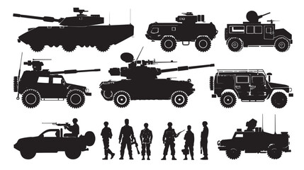 armed forces silhouette set. Collection of various realistic military vehicles