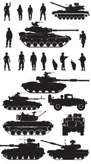 Fototapeta premium armed forces silhouette set. Collection of various realistic military vehicles