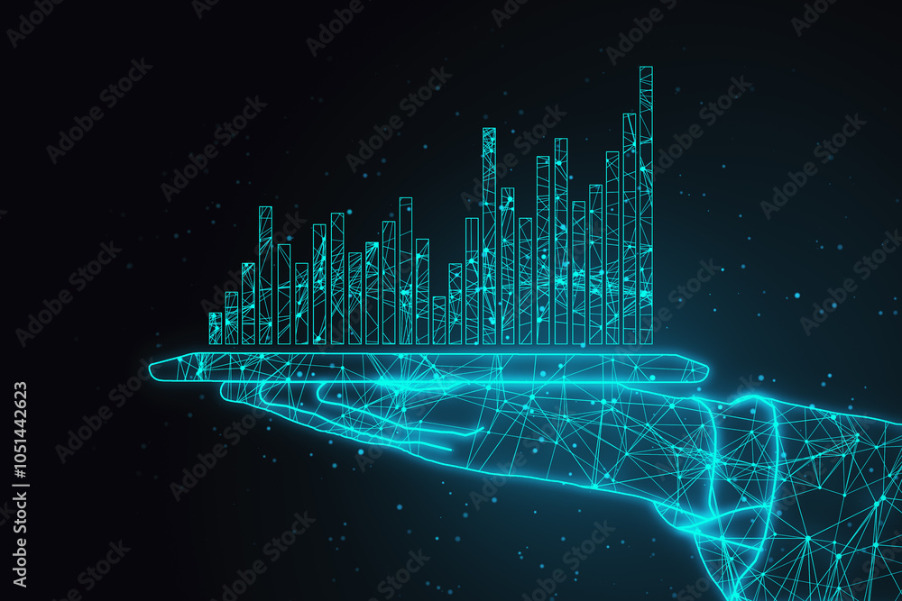 Poster abstract polygonal hand holding tablet with growing business chart on dark blue background. technolo