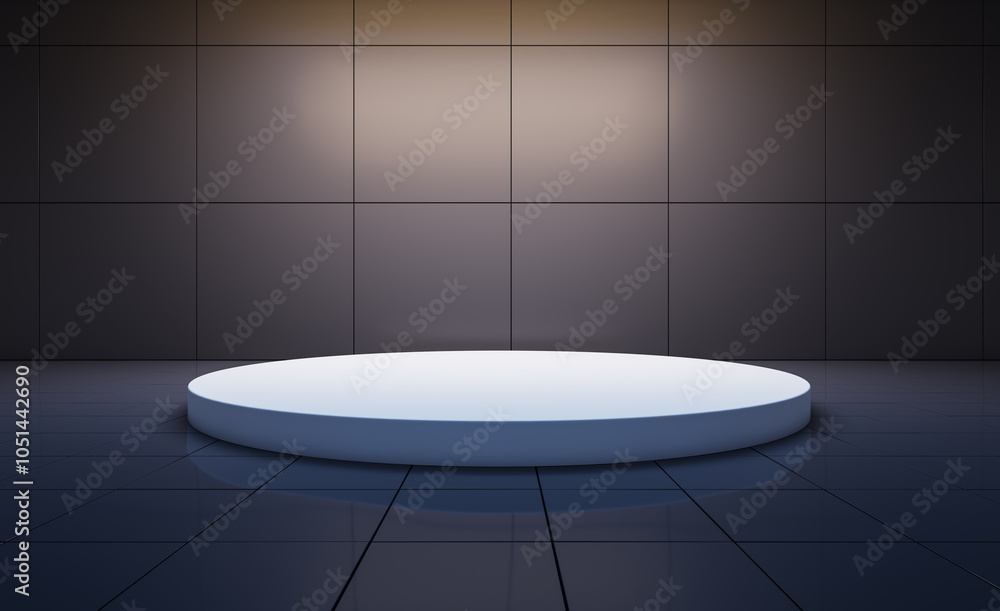 Poster modern spacious gray interior with mock up place and pedestal. 3d rendering.