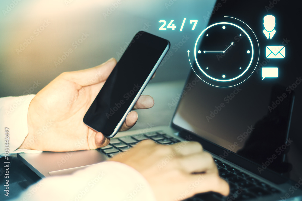 Poster 247 clock nonstop service concept. nonstop business internet technical support work. close up of mal