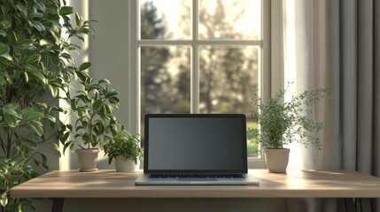 Minimalist home office with laptop on wooden desk