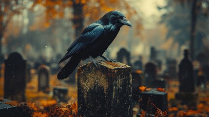 A black crow perched on a tombstone in a cemetery, surrounded by autumn leaves and tombstones.