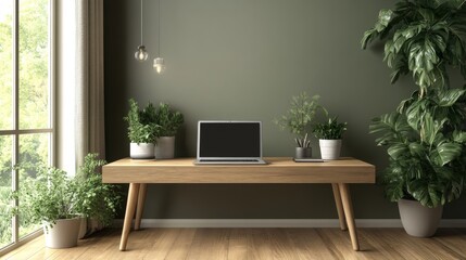 Minimalist home office with laptop on wooden desk