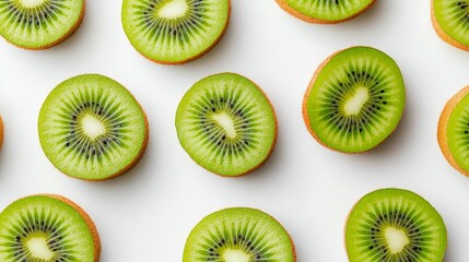 Fototapeta premium Top-down view of a whole kiwi fruit beside several neatly arranged slices, all placed on a bright white surface, emphasizing fresh, vibrant colors and textures
