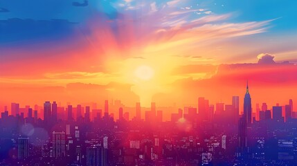 Fototapeta premium Stunning Sunset Skyline Over Vibrant Cityscape in Anime Inspired
