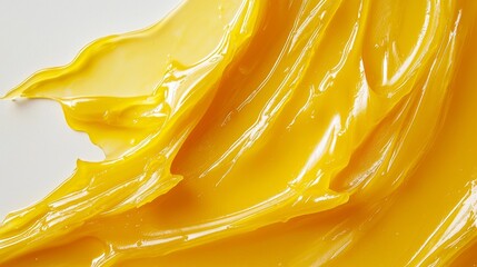 Detailed close-up of yellow petroleum jelly texture, glossy Vaseline smear isolated on white, ideal for skincare product ads, smooth and shiny appearance