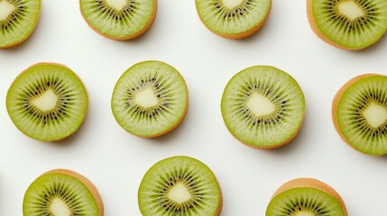 Fototapeta premium Macro shot of whole and sliced kiwi arranged artistically on a pristine white surface, kiwi fruit, healthy food marketing concept