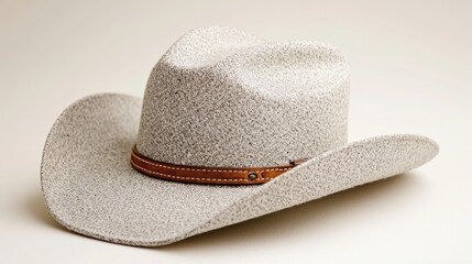 Rustic cowboy hat, worn leather band, displayed on an ultra-clean white background, showing off rugged yet refined style
