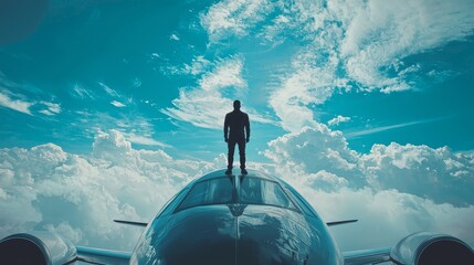 Close-up of a man standing boldly on the nose of a sleek jet, a backdrop of blue skies and clouds, symbolizing courage and ambition, aviation, advertisement concept