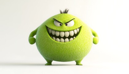 A playful green character with a round body and a big grin, isolated on a bright white background.