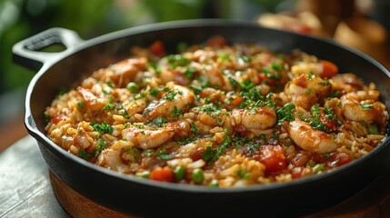 Fototapeta premium A delicious-looking shrimp frittata, cooked to perfection in a black skillet and served with spices.