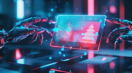 Robotic hands showcasing a festive digital scene