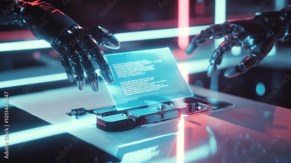 Poster robotic hands engage with advanced tech interface