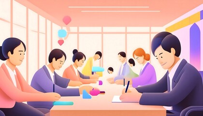 A diverse group of smiling businesspeople collaborate around a conference table, focused on laptops and engaging in productive discussion