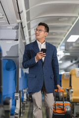 Happy male airplane travel,  Portrait of woman with journey.