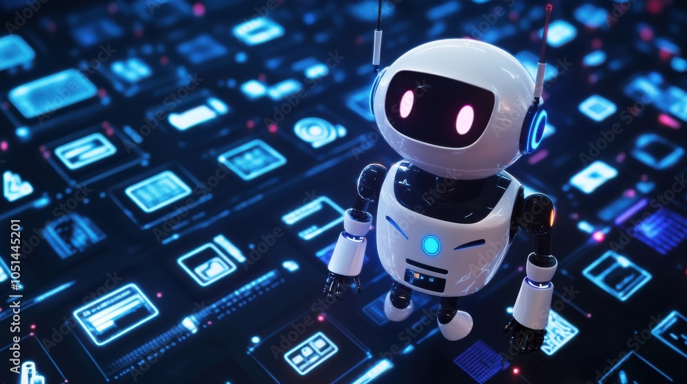 Poster friendly robot character surrounded by technology icons