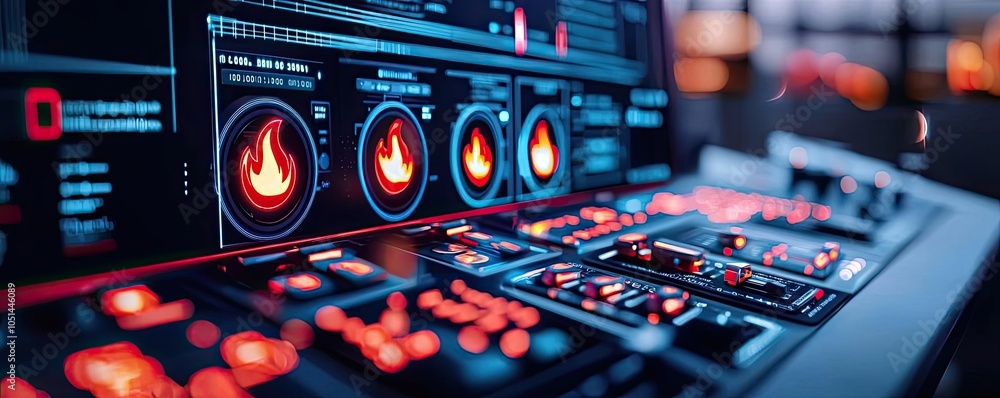 Poster control panel with glowing indicators and digital displays, white isolated background.