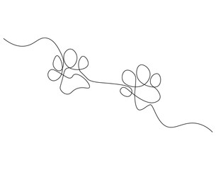 Continuous one line drawing of dog or cat paw. One line drawing illustration of dog or cat mark footprint. Dog or cat step, footprint concept single line. Editable outline