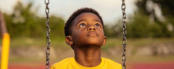 Child in yellow shirt, looking up while on a swing in a playground.