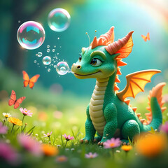 Naklejka premium In a whimsical landscape, a silly dragon blows bubbles instead of fire, delighting in its playful nature.
