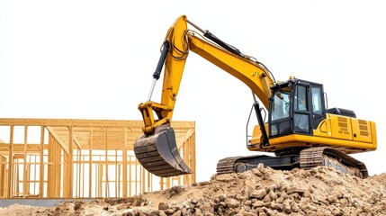 Obraz premium Construction Excavator Working at Unfinished Wooden Building Site