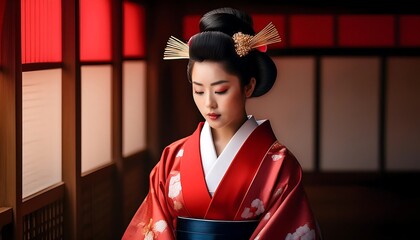 Beautiful Geisha woman in traditional kimono with red flower in hair, posing in studio