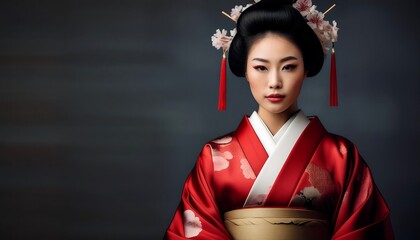 Beautiful Geisha woman in traditional kimono with red flower in hair, posing in studio