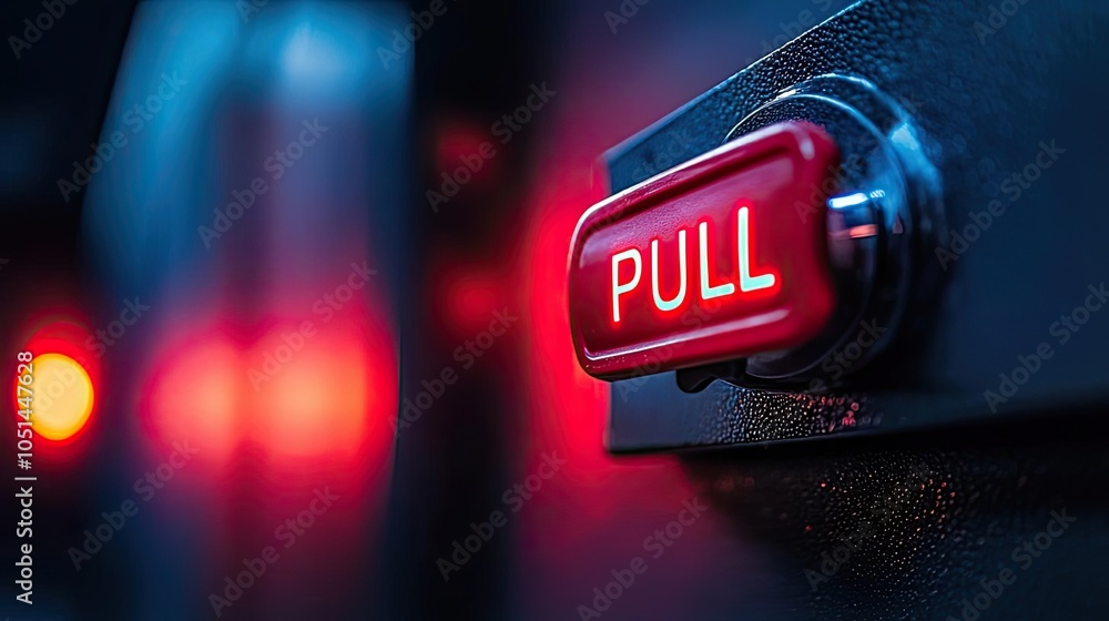 Poster close-up of a red illuminated pull button on a black surface.