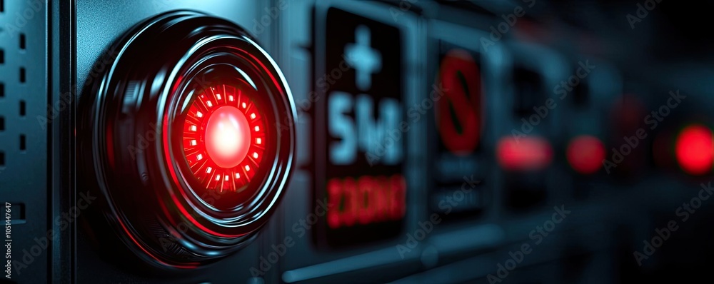 Poster close-up of a futuristic control panel with a glowing red button.