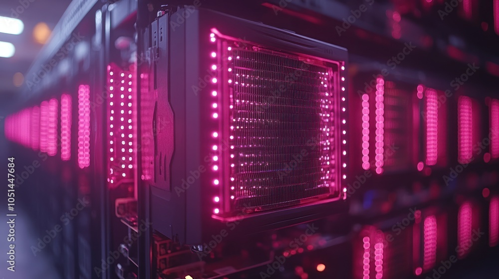 Poster pink led illuminated server racks in data center