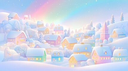 Christmas town with rainbow aurora borealis