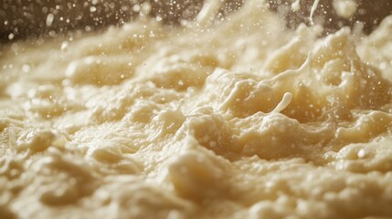 Obraz premium Curds splatter energetically in a large pot as artisans craft cheese at a dairy farm, showcasing the lively process of cheese production