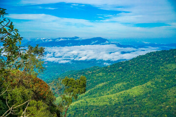 Obraz premium A breathtaking view of lush green hills under a vibrant blue sky with fluffy clouds.